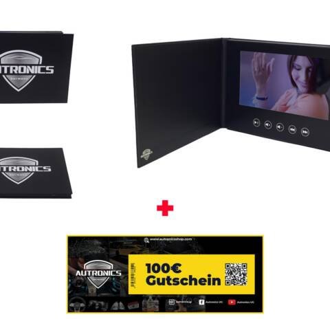 01 Aufklappbare Geschenkkarte mit Monitor inkl. 100€ Autronics Gutschein