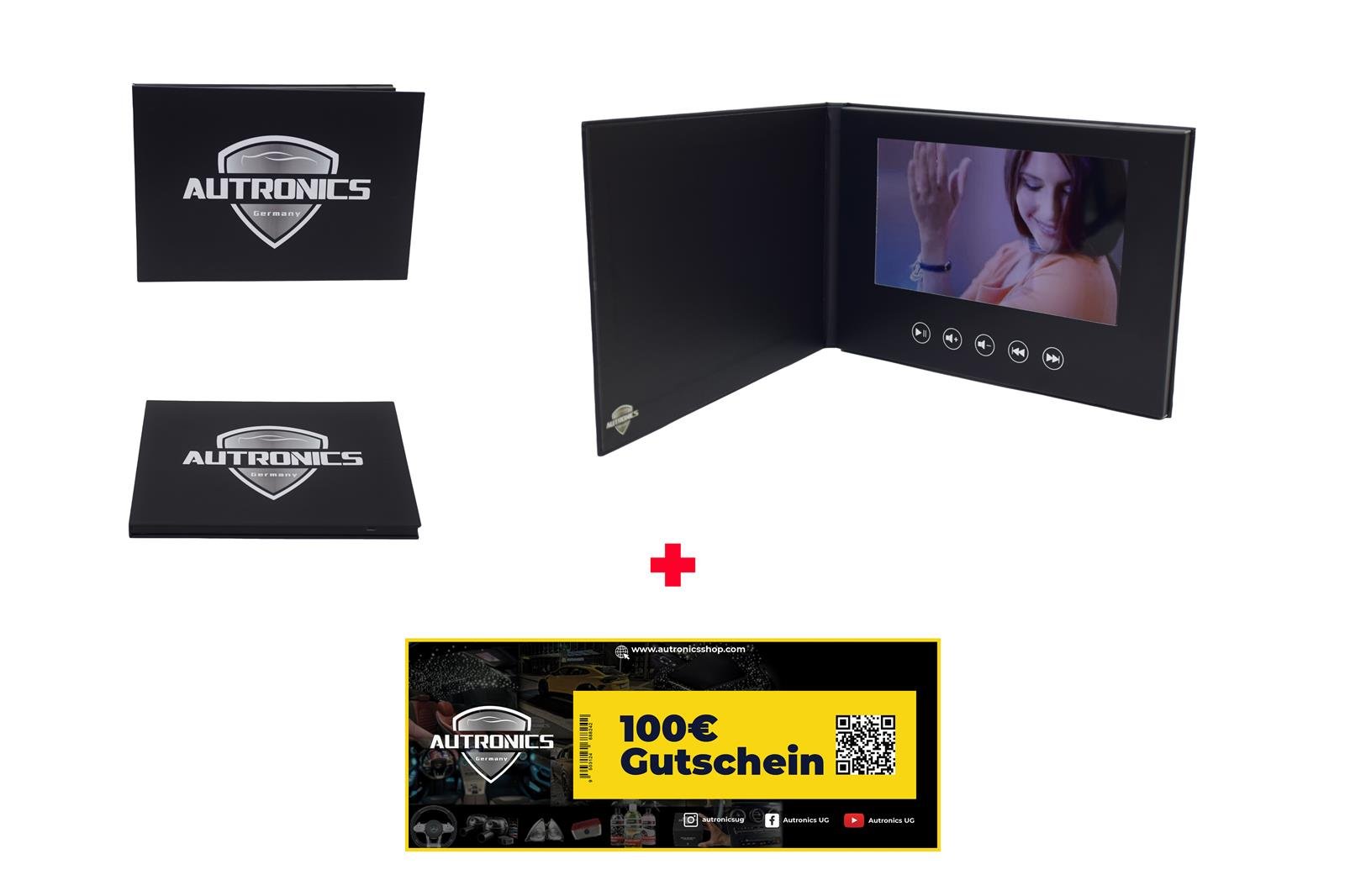 01 Aufklappbare Geschenkkarte mit Monitor inkl. 100€ Autronics Gutschein