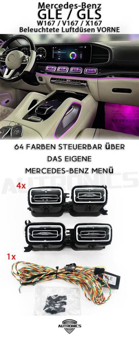 Mercedes-Benz C / GLC Klasse (W206 / X254) - Beleuchtete LED Turbinen Düsen  Ambiente Luftdüsen VORNE (64 Farben)